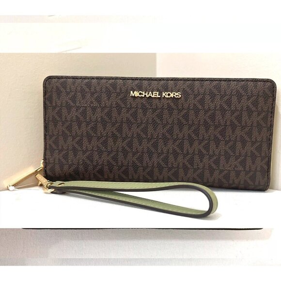 S Michael Kors LG Continental Wallet Brown Army Green Wristlet 35F8GTVT3B NWT F - Picture 1 of 5